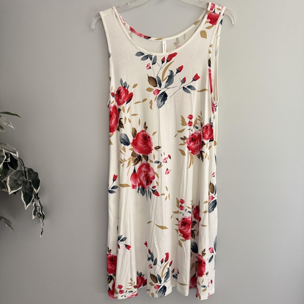 BISHUIGE Dress Womens L White Floral Scoop Neck‎ Sleeveless Swing Sundress Beach